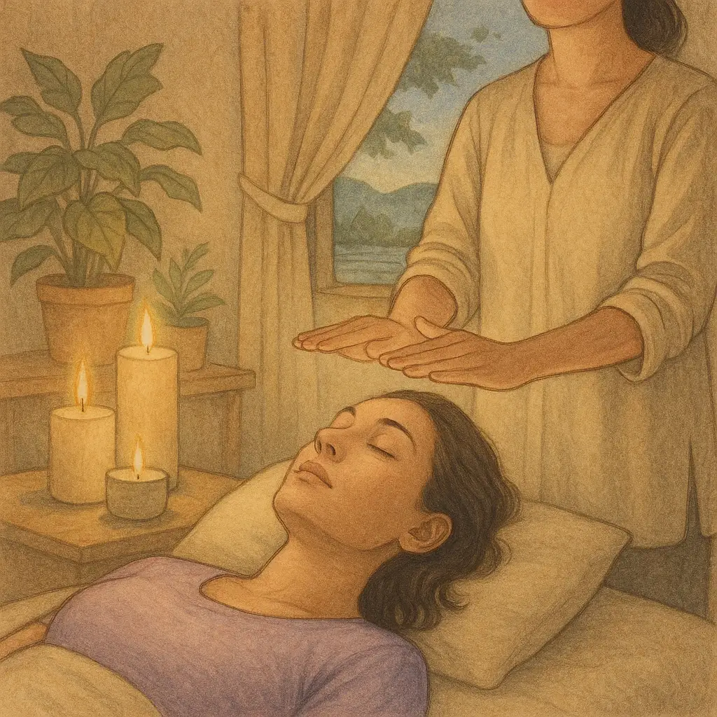 une praticienne donne des soins énergétiques à une personne allongés les yeux fermés et reçoit les bienfaits du Reiki
