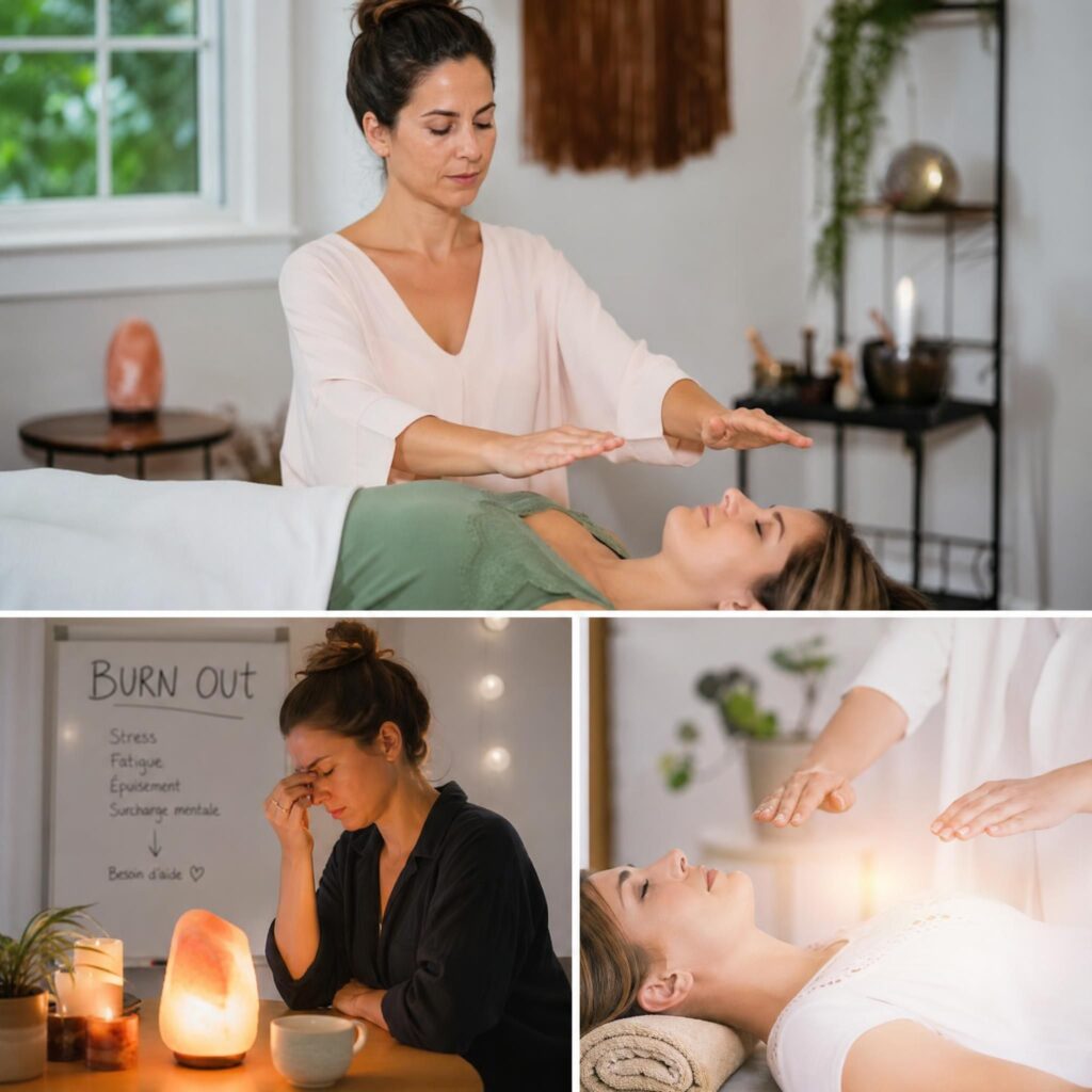 soins énergétiques burn-out - femme épuisée cherchant une solution