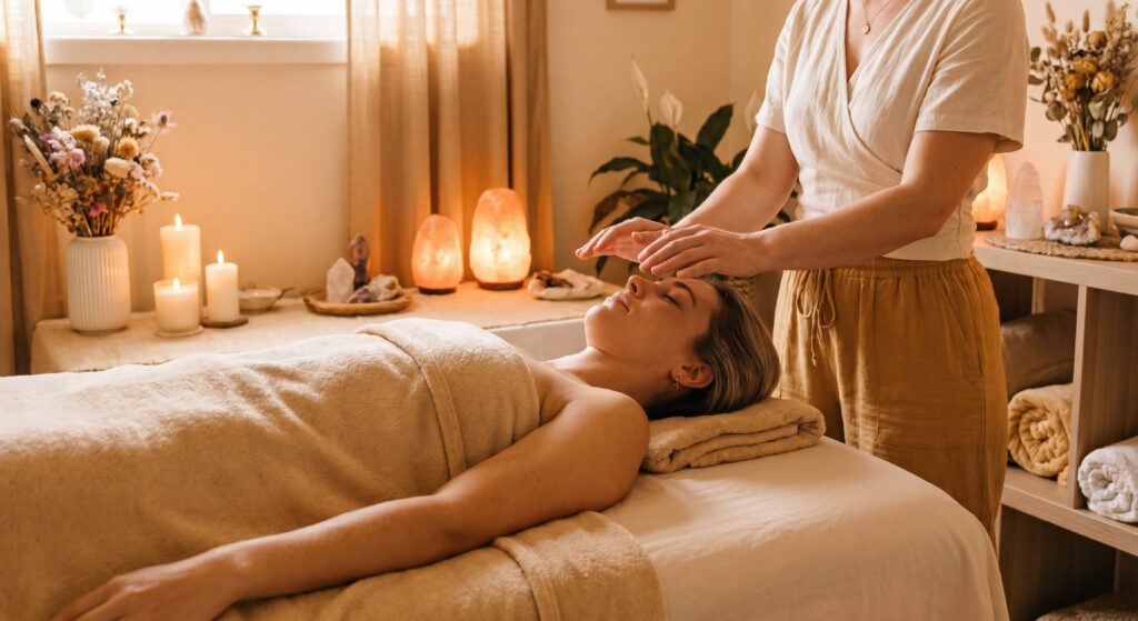 séance de Reiki avec un thérapeute énergétique à Blois, mains bienveillantes au-dessus du corps"  