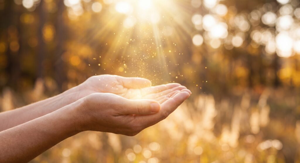 Mains jointes vers les rayons du soleil après avoir pris conscience comment gérer stress et burn-out