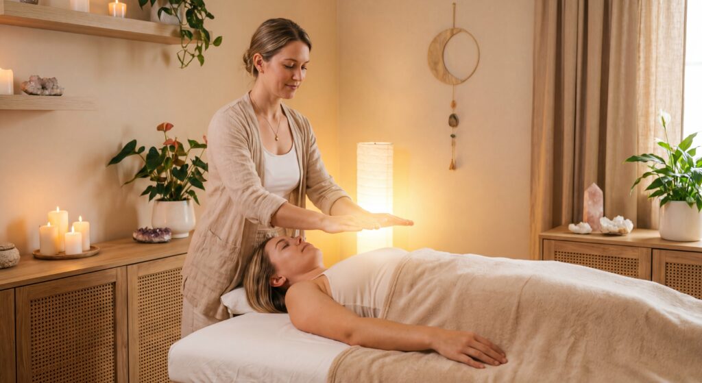 séance de Reiki avec un thérapeute énergétique dépression Blois, mains bienveillantes au-dessus du corps