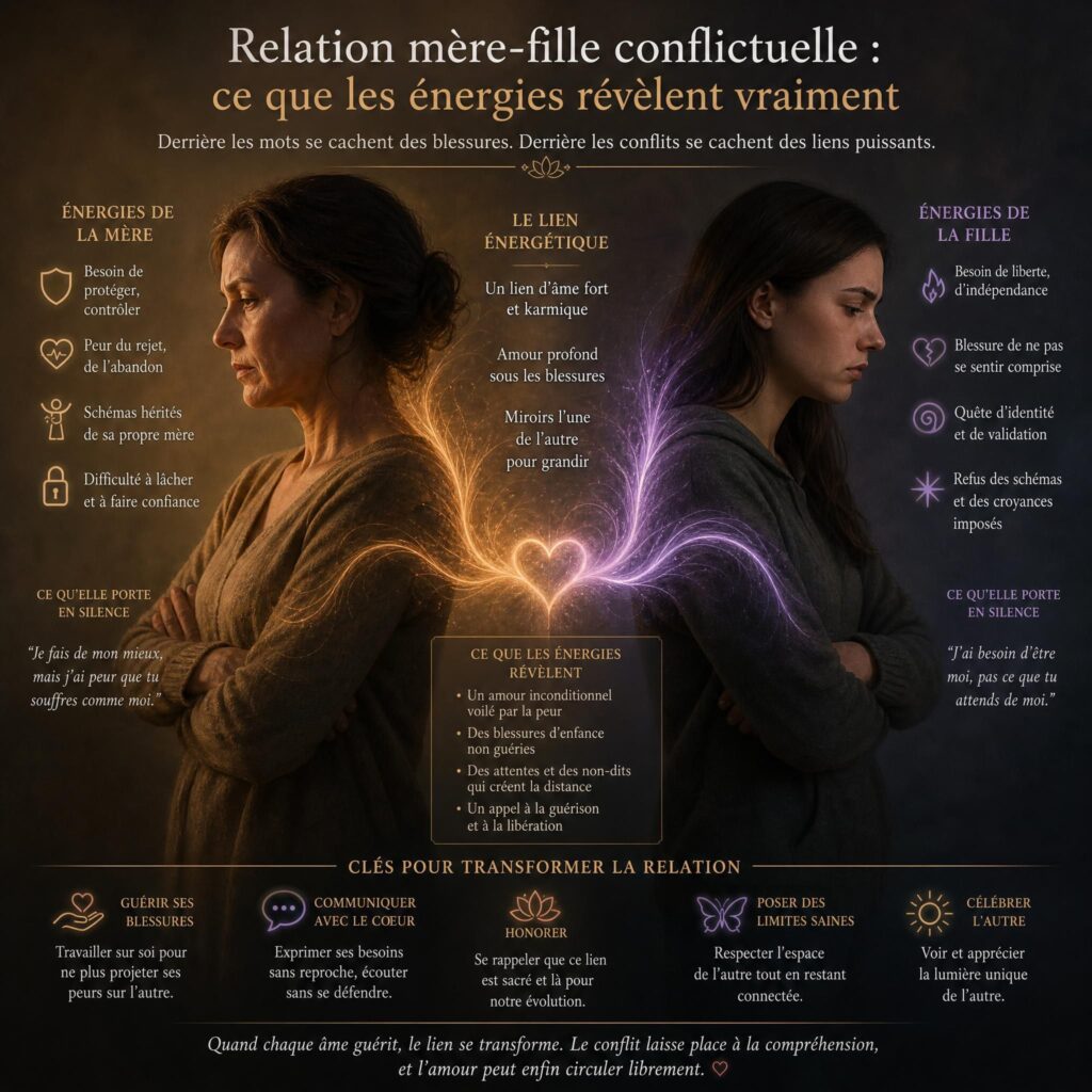 Mère et fille entourées de flux d'énergie dorés et violets symbolisant la reconnexion énergétique et l'harmonie dans la relation mère-fille conflictuelle