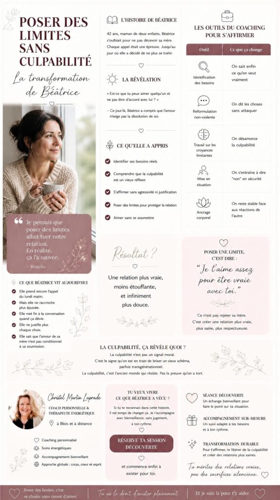 Infographie complète sur la transformation de Béatrice :
comment poser des limites sans culpabilité grâce au coaching
de Christel Martin Laprade, thérapeute énergétique à Blois