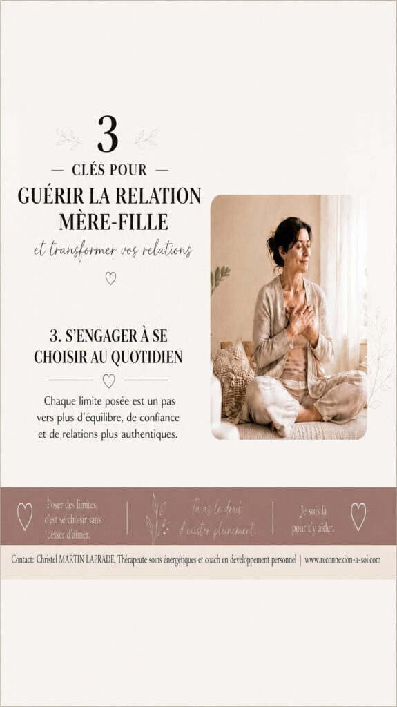 Clé n°3 pour guérir la relation mère-fille : S'engager à se choisir au quotidien. Visuel montrant une femme en posture de réflexion et de soin de soi, illustrant l'importance de poser des limites saines pour transformer la relation à soi et aux autres.