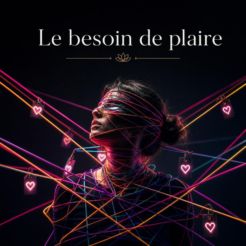 Une représentation métaphorique et intense du besoin de plaire, illustrée par une personne entravée par des fils colorés et des étiquettes en forme de cœur, symbolisant la perte de soi dans le regard des autres.