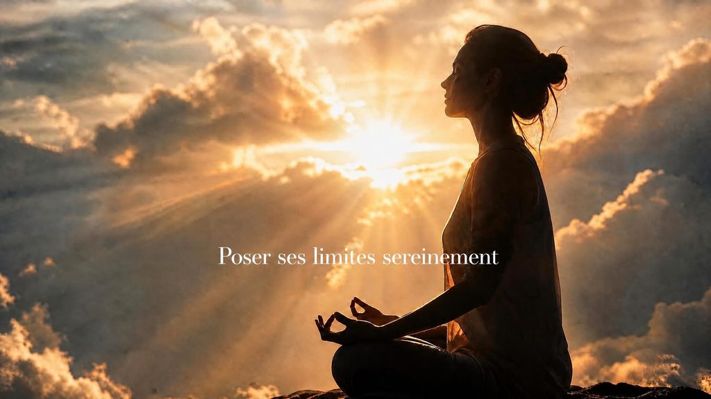 Une image illustrant une femme méditant lors d'un coucher de soleil, qui apprend à écouter son corps pour poser ses limites sereinement sans culpabiliser.