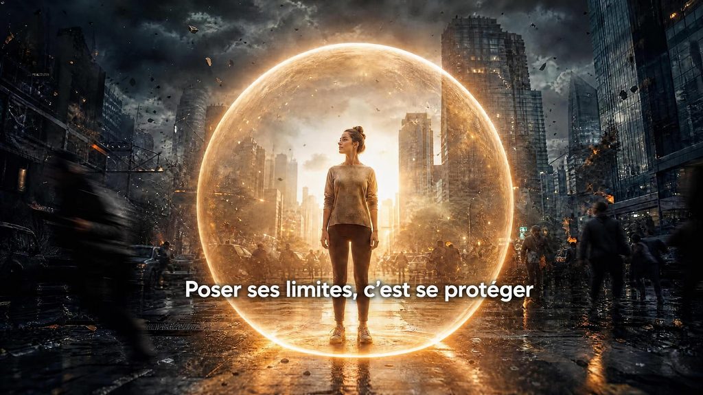 Une femme protégeait dans une bulle scintillante dorée qui se protège en posant ses limites et sans culpabilité.
