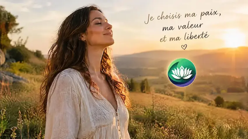 Femme apaisée en pleine nature symbolisant la libération des schémas relationnels toxiques et la reconnexion à soi
