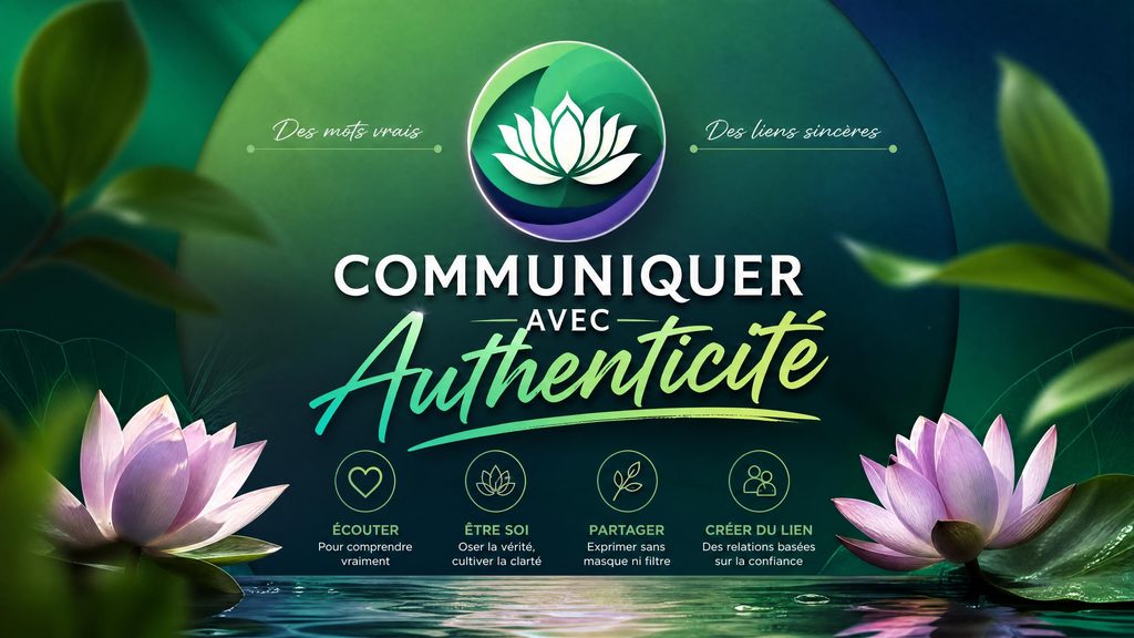 Illustration graphique sur fond vert sombre représentant le thème "Communiquer avec authenticité" avec le logo de reconnexion-a-soi