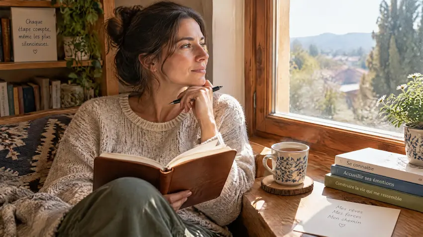 Femme écrivant dans un carnet près d'une fenêtre pour comprendre la répétition amoureuse et les blessures du passé