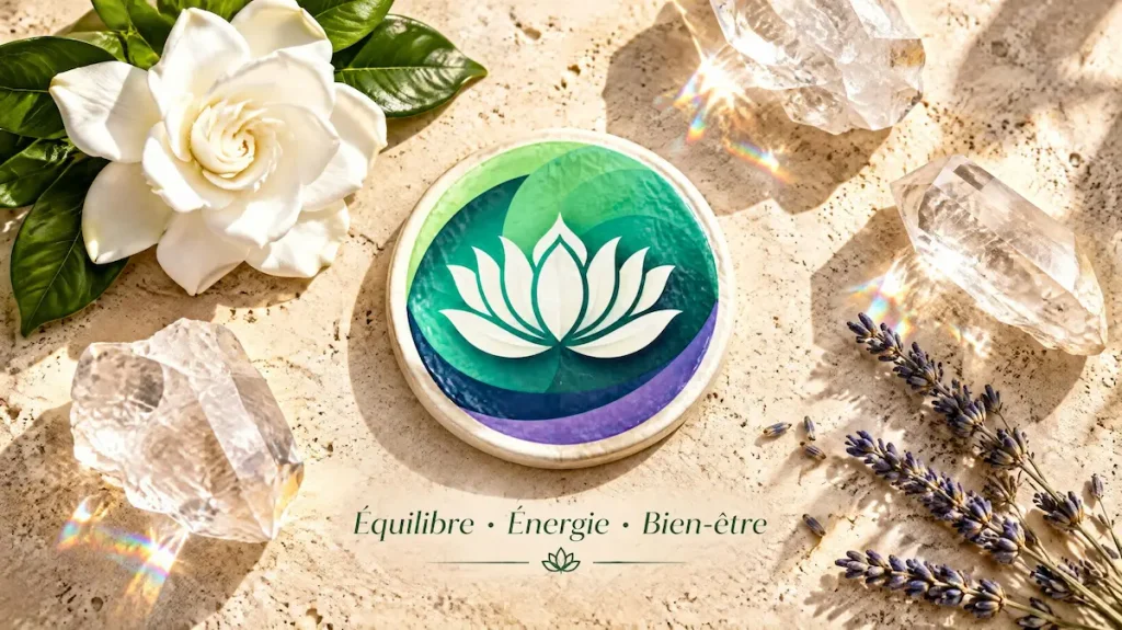 Cristaux de quartz lumineux et logo Reconnexion à Soi pour surmonter la dépendance affective