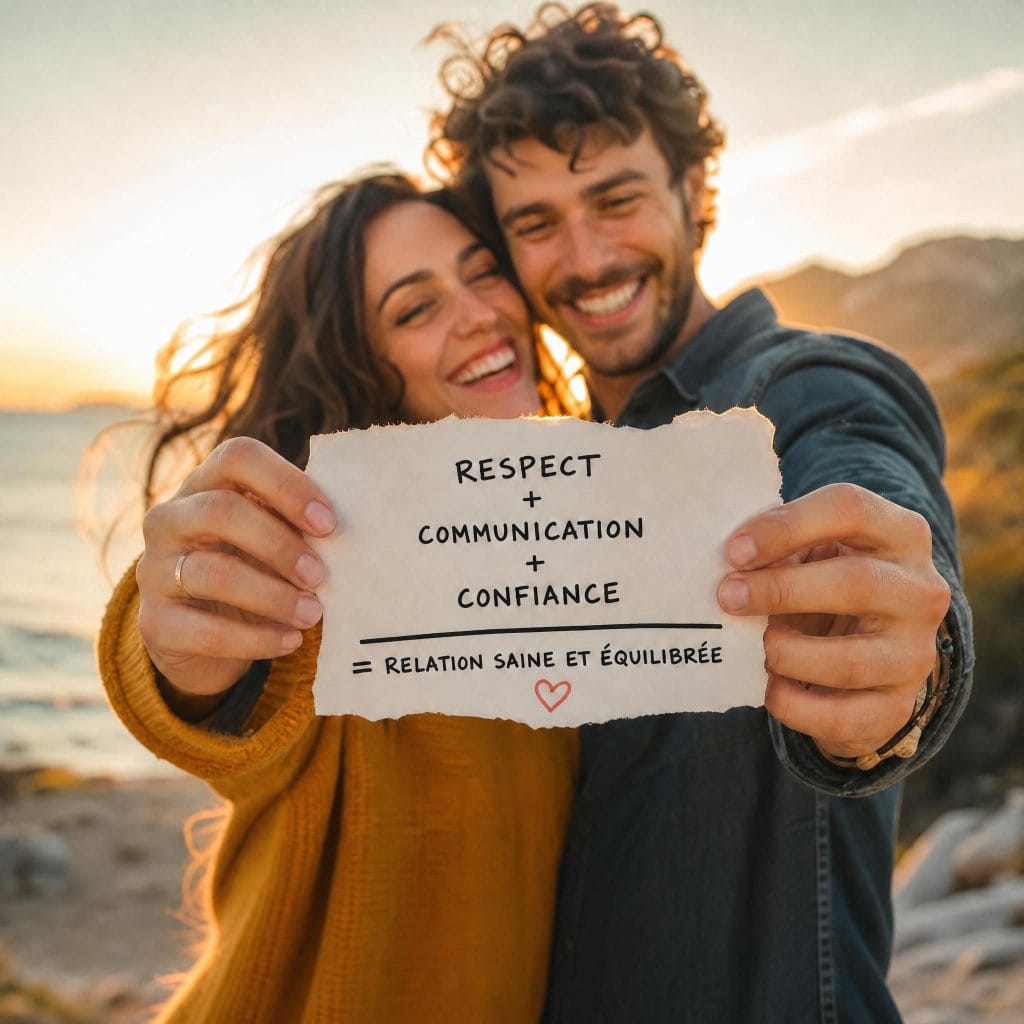 Infographie montrant les piliers des relations saines et équilibrées : respect, communication et confiance.