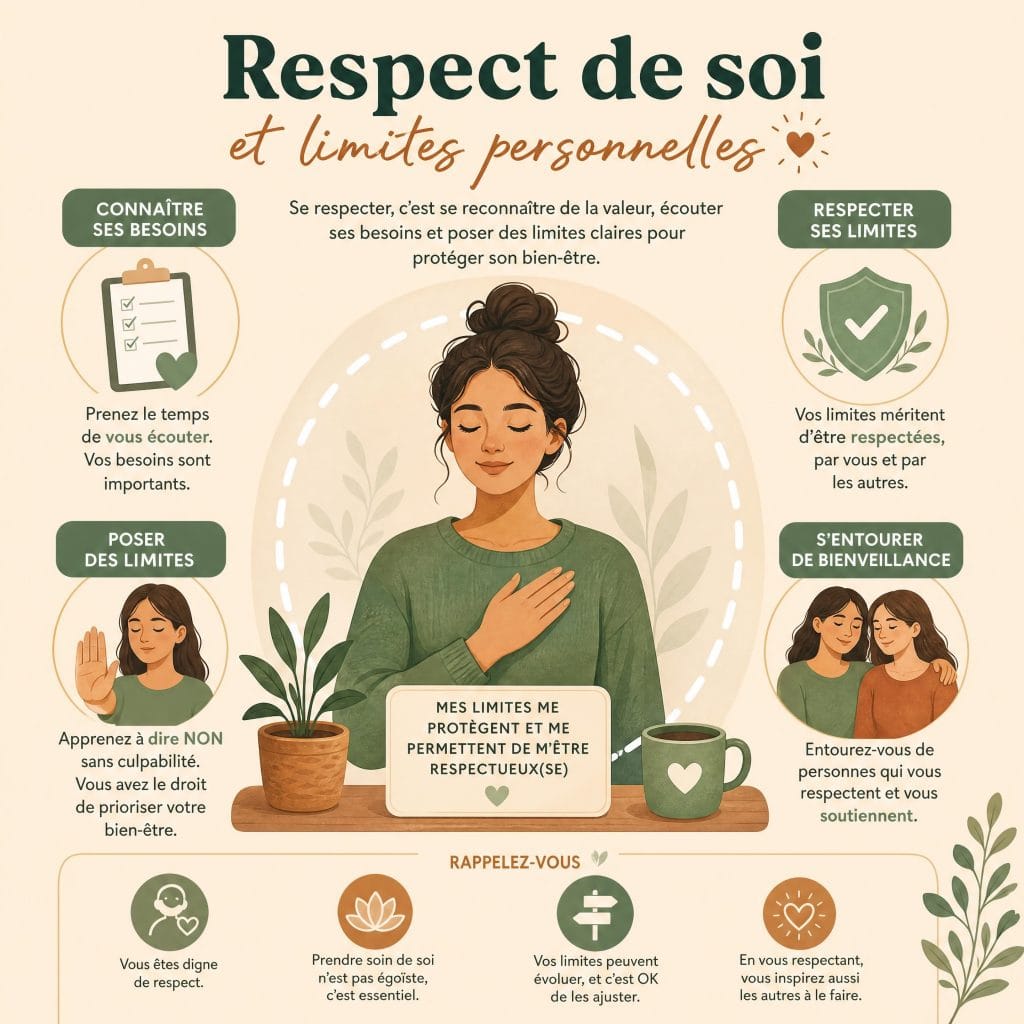 Infographie expliquant le lien entre le respect de soi et la pose de limites personnelles à Blois.